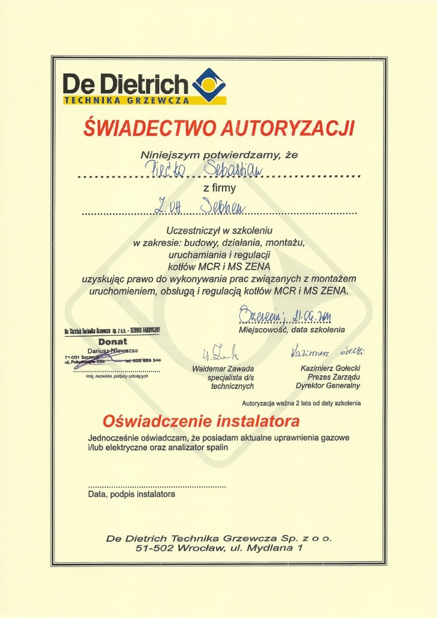 Certyfikat wystawiony w dniu 2011.06.21 przez De Dietrich