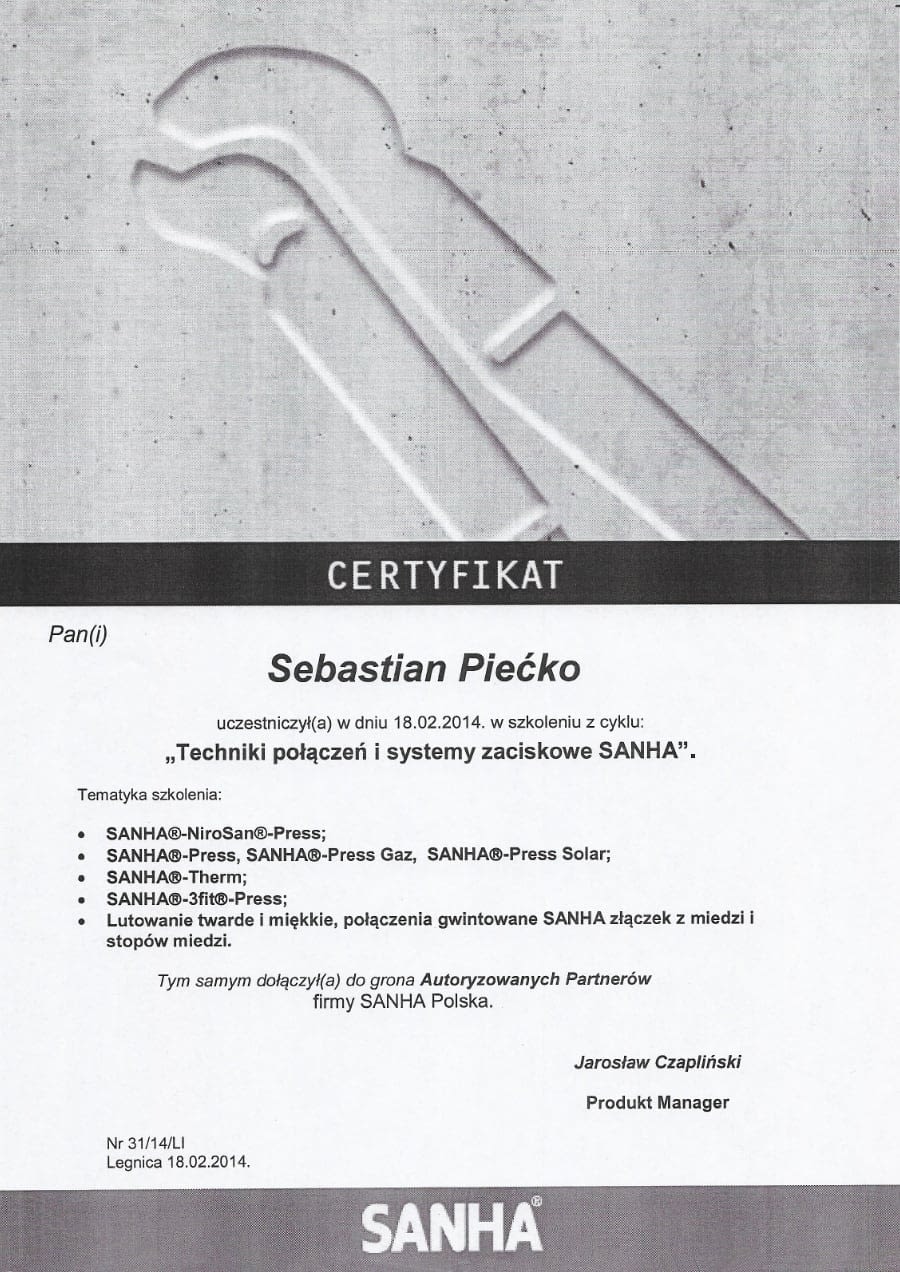 Certyfikat wystawiony w dniu 2014.02.18 przez Sanha